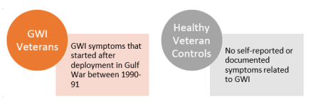 GWI Group - GWI symptoms that started after deployment in Gulf War between 1990-91.  Healthy Control Group - No self-reported or documentation in record of chronic symptoms related to GWI. 