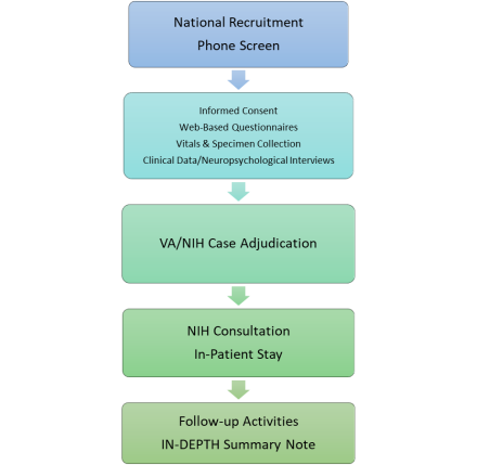 (1) National Recruitment  Phone Screen (2) Informed Consent; Web-Based Questionnaires; Vitals & Specimen Collection; Clinical Data/Neuropsychological Interviews  (3) VA/NIH Case Adjudication (4) NIH Consultation; In-Patient Stay  (5) Follow-up Activities; IN-DEPTH Summary Note 